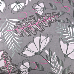 Baumwolle 100% Farnblätter mit Blumen auf grau-lila Hintergrund  