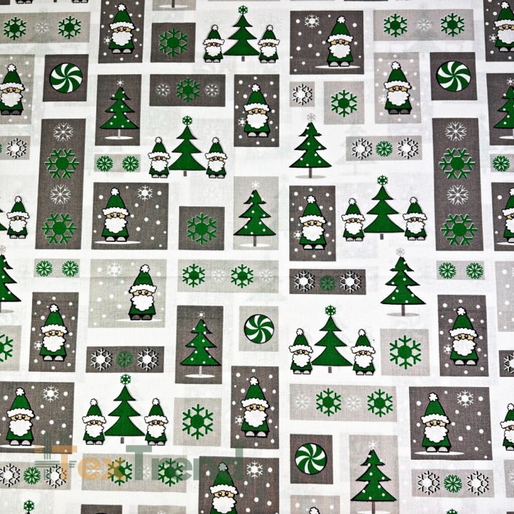 Baumwolle 100% Weihnachtsmuster Patchwork Weihnachtsmänner grau-grün  