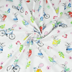 Baumwolle 100% bunte Mäuse auf weißem Hintergrund  