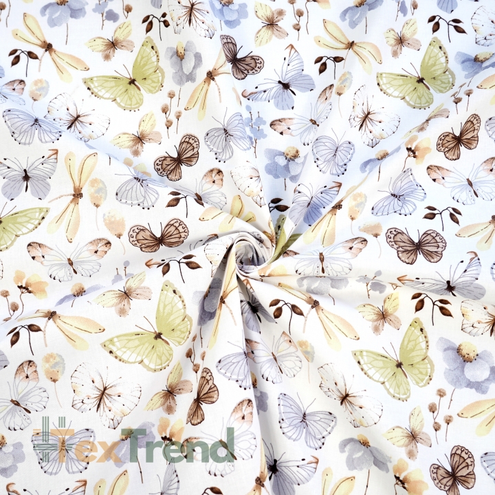 Baumwolle 100% Schmetterlinge und Libellen beige-grau  