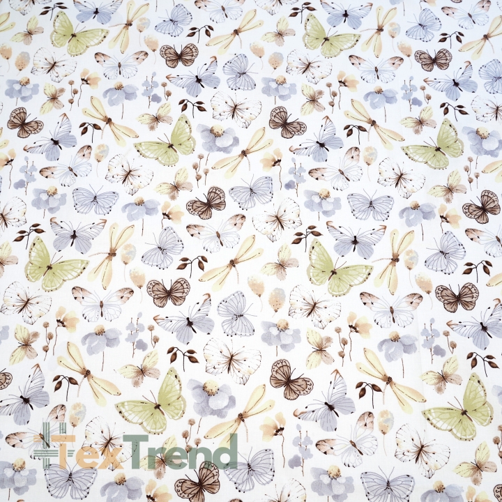 Baumwolle 100% Schmetterlinge und Libellen beige-grau  
