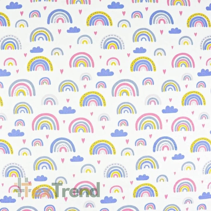 Baumwolle 100% Regenbogen blau-rosa auf weißem Hintergrund  