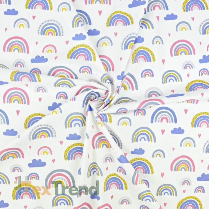 Baumwolle 100% Regenbogen blau-rosa auf weißem Hintergrund  