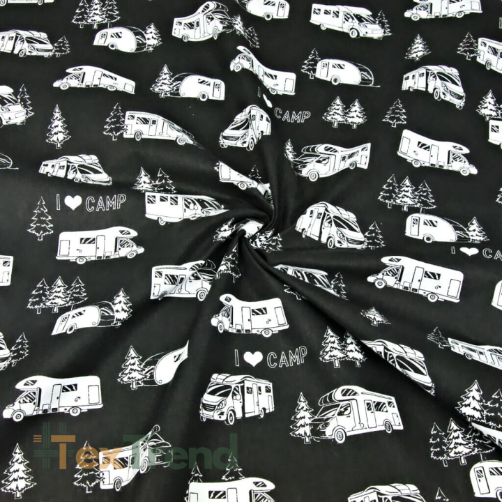 100% Baumwolle weiße Wohnmobile auf schwarzem Hintergrund  