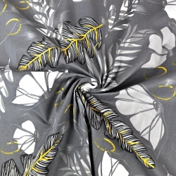 Baumwolle 100% Farnblätter mit Blumen auf grauem Hintergrund  