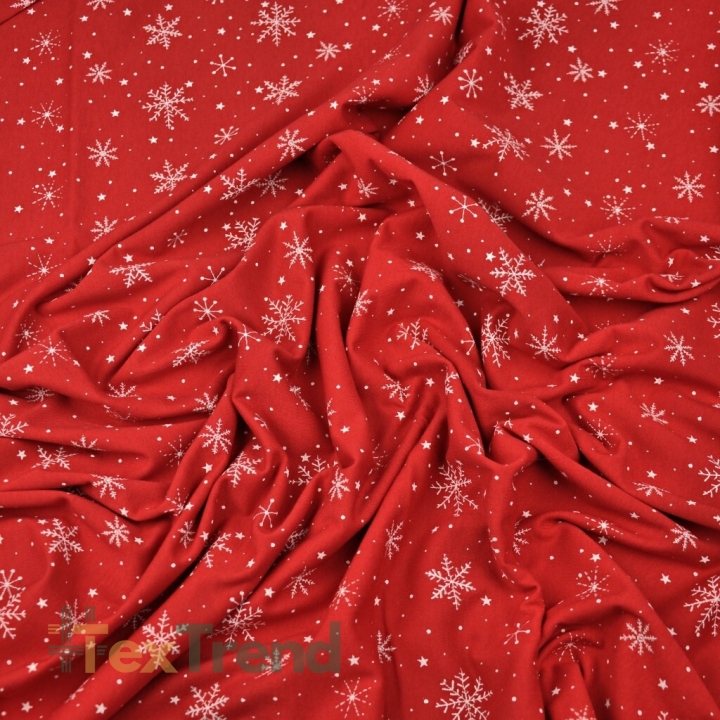 Jersey-Stoff weiße Schneeflocken auf dunkelrotem Hintergrund  