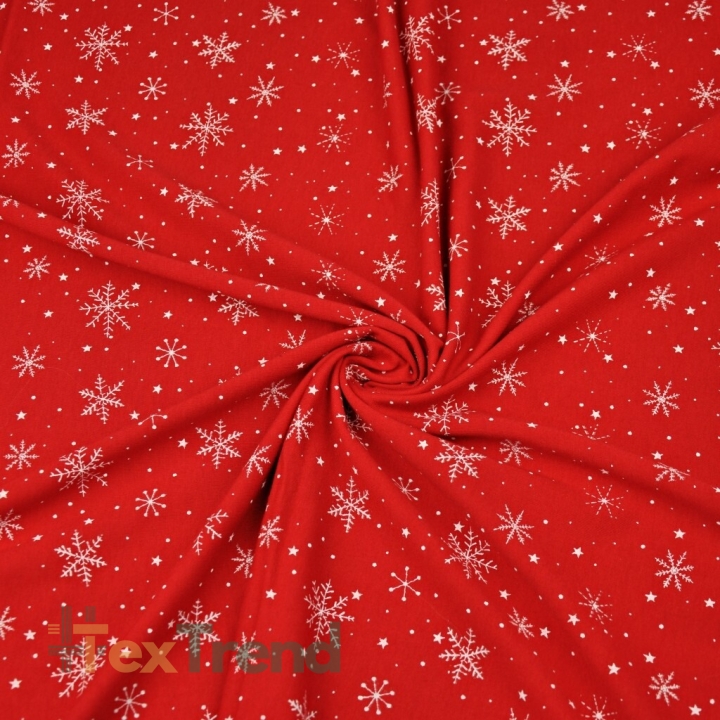 Jersey-Stoff weiße Schneeflocken auf dunkelrotem Hintergrund  