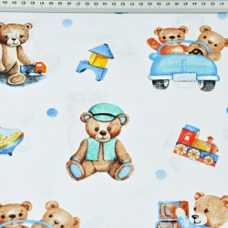 Baumwolle 100% Plüschbären mit Spielzeugen auf weißem Hintergrund  