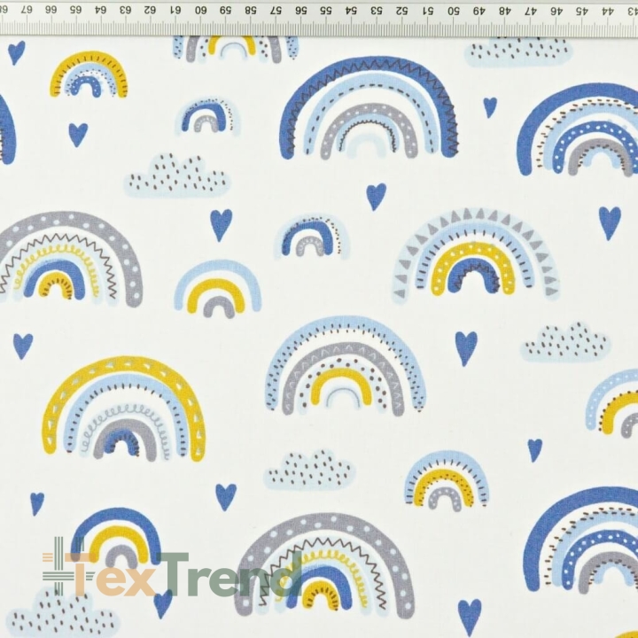 Baumwolle 100% Regenbogen blau-gelb auf weißem Hintergrund  