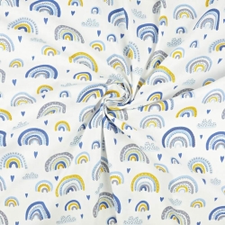 Baumwolle 100% Regenbogen blau-gelb auf weißem Hintergrund  