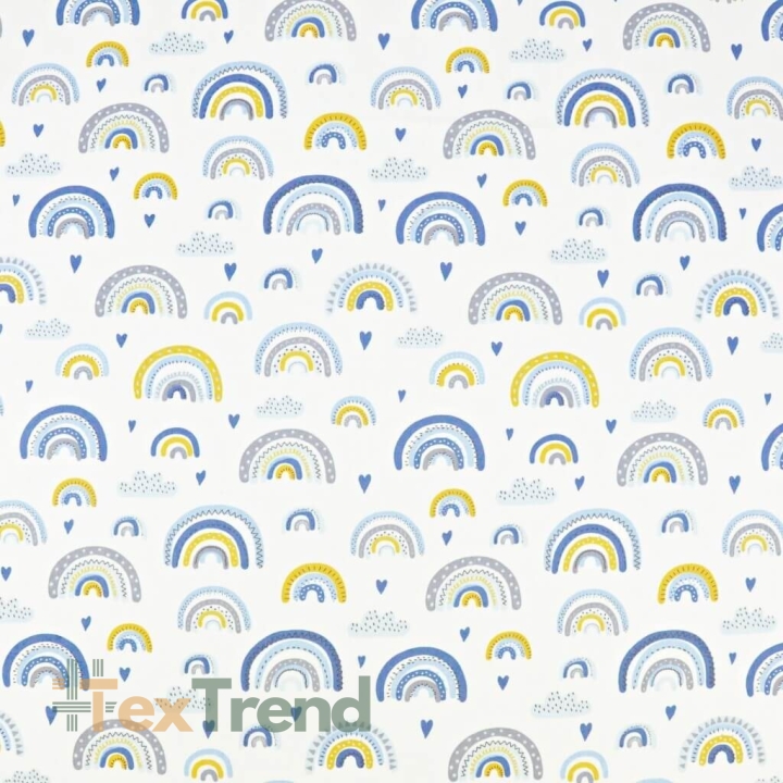 Baumwolle 100% Regenbogen blau-gelb auf weißem Hintergrund  