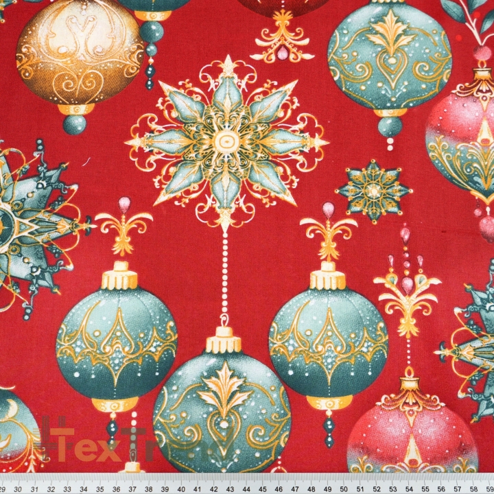 Baumwolle 100% Weihnachtsmuster Kugeln auf rotem Hintergrund  