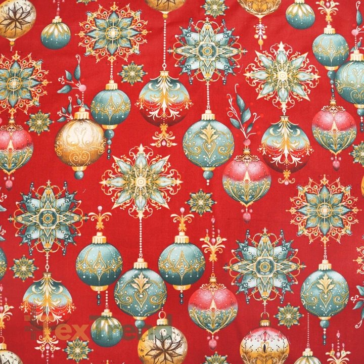 Baumwolle 100% Weihnachtsmuster Kugeln auf rotem Hintergrund  