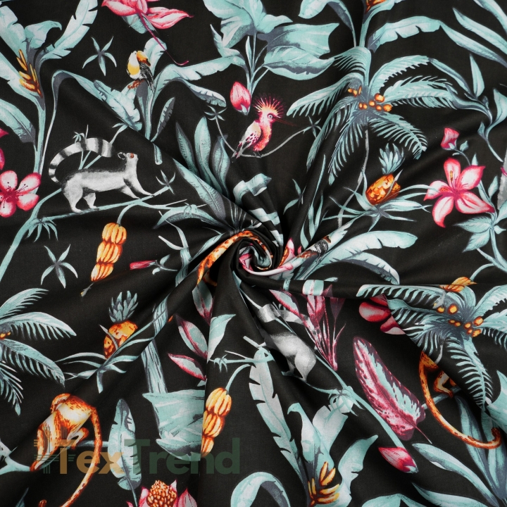 Baumwolle 100% Dschungeltiere auf schwarzem Hintergrund  