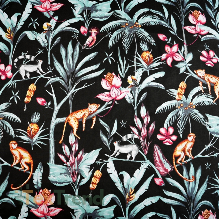 Baumwolle 100% Dschungeltiere auf schwarzem Hintergrund  