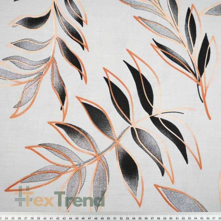 100% Baumwolle schwarz-goldene Blätter auf grauem Hintergrund - 220 cm  