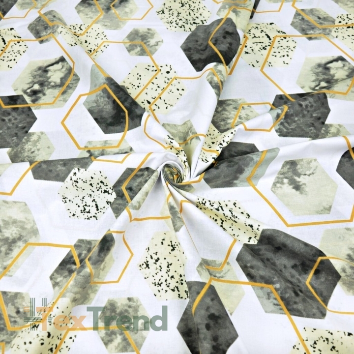 Baumwolle 100% geometrisch Rauten beige-gold auf weiß - 220cm  