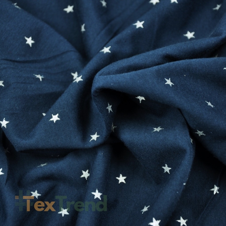 Jersey-Stoff silberne Sterne auf marineblauem Hintergrund  