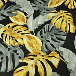 Baumwolle 100% Monstera- und Bananenblätter gold-grau auf schwarzem Hintergrund  