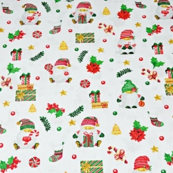 Baumwolle 100% Weihnachtsmuster mit Weihnachtsmännern und Geschenken auf weißem Hintergrund  