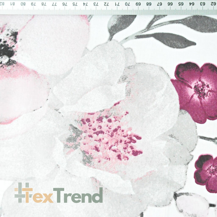 Baumwolle 100% große Apfelblüten rosa-grau auf weißem Hintergrund  