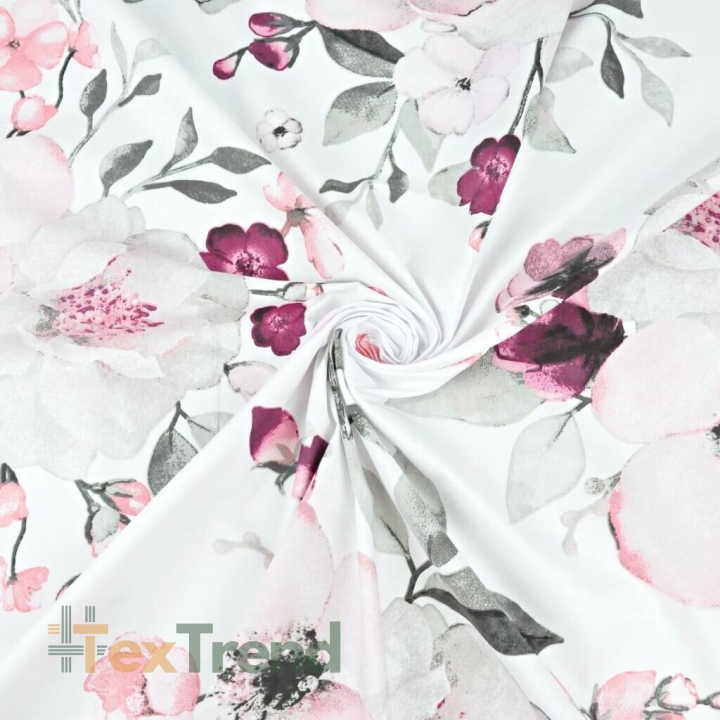 Baumwolle 100% große Apfelblüten rosa-grau auf weißem Hintergrund  