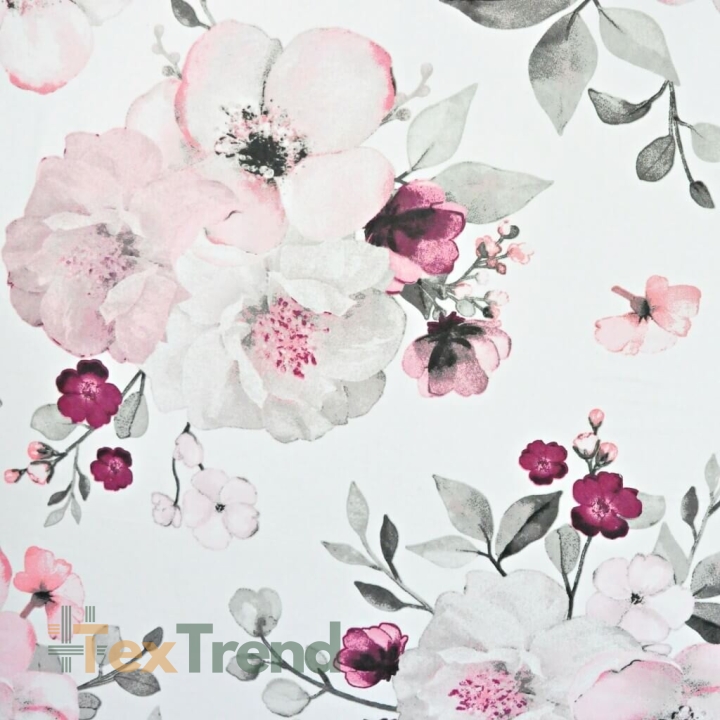 Baumwolle 100% große Apfelblüten rosa-grau auf weißem Hintergrund  