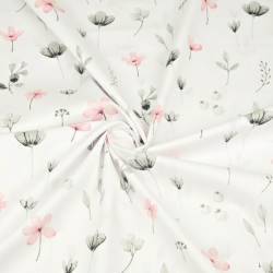 Baumwolle 100% Wiesenblumen rosa-grau auf weißem Hintergrund  