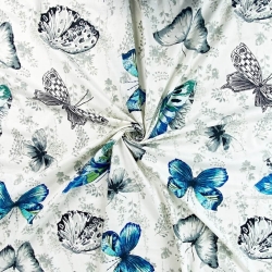 Baumwolle 100% Schmetterlinge in saphir-grau auf gebrochenem Weiß  