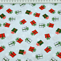 Jersey-Stoff grün-rote Geschenke auf hellblauem Hintergrund  