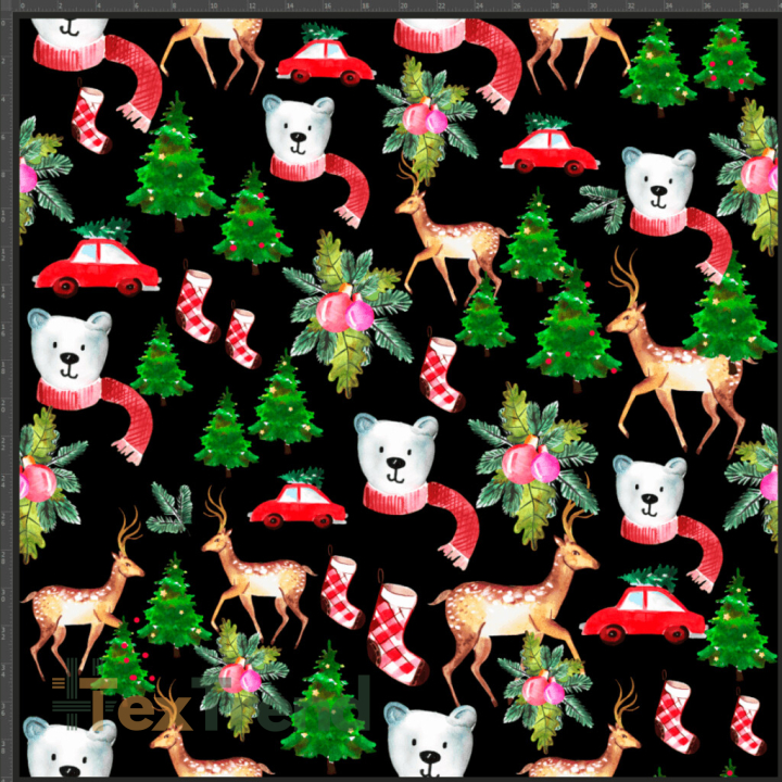 Jersey Stoff Digitaldruck Weihnachtsbären mit Reh auf schwarzem Hintergrund  
