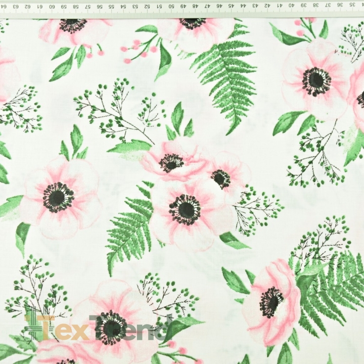 Baumwolle 100% Blumen Anemonen rosa-grün auf weißem Hintergrund  