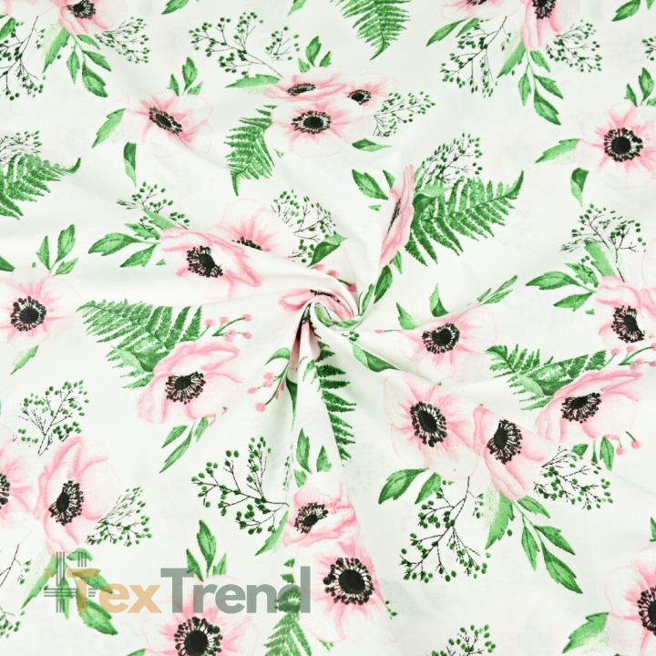 Baumwolle 100% Blumen Anemonen rosa-grün auf weißem Hintergrund  