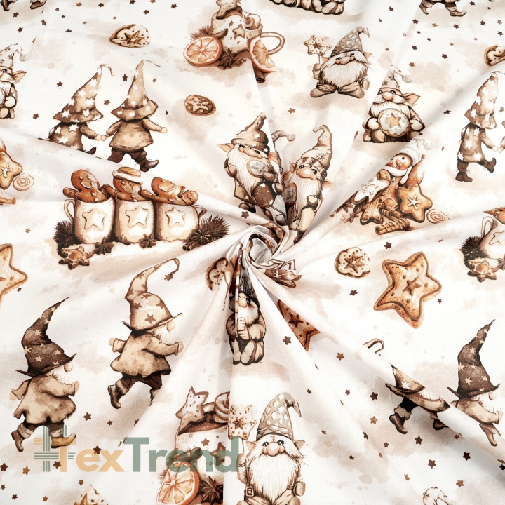 Baumwolle 100% Weihnachtsmuster Wichtel mit Lebkuchen braun  