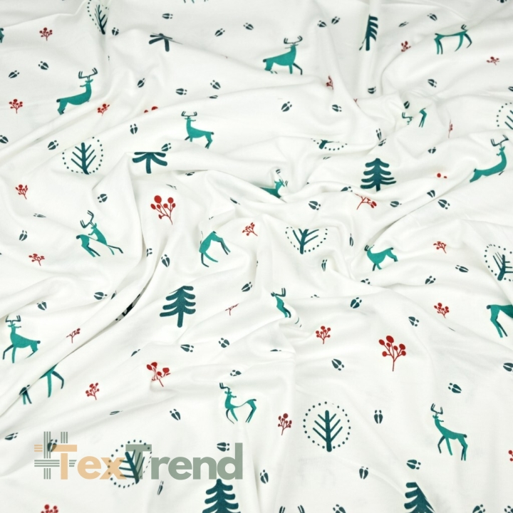 Jersey-Stoff grün-rote Rehe auf weißem Hintergrund  