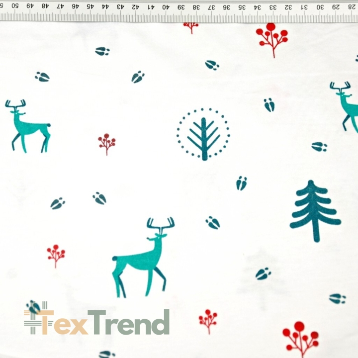 Jersey-Stoff grün-rote Rehe auf weißem Hintergrund  