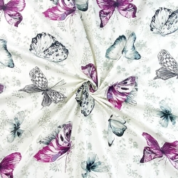 Baumwolle 100% Schmetterlinge in fuchsia-grau auf gebrochenem Weiß  
