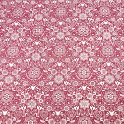 Baumwolle 100% bestickte Blumen mit Vogel weiß auf bordeauxfarbenem Hintergrund  