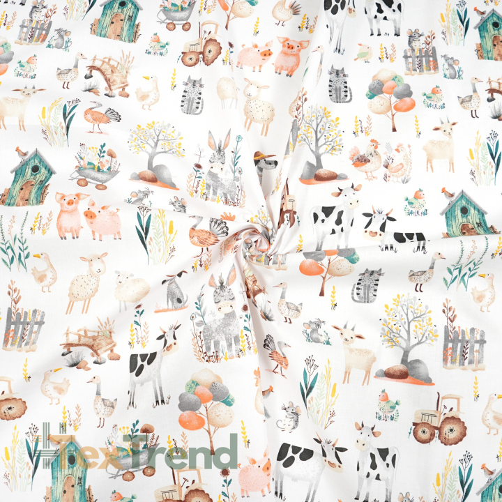 Baumwolle 100% Tierchen Bauernhof auf weißem Hintergrund  