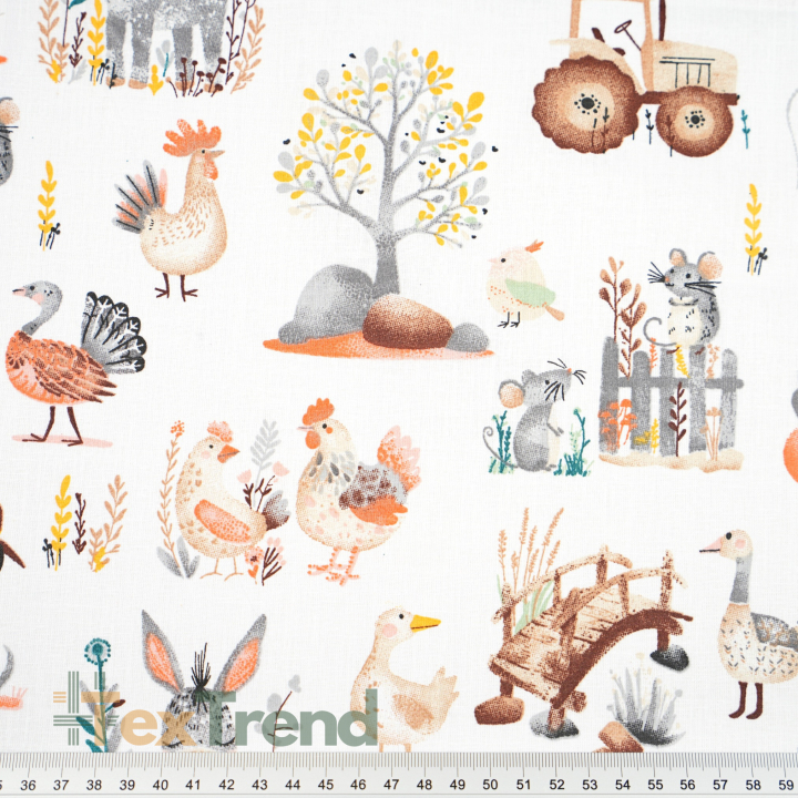 Baumwolle 100% Tierchen Bauernhof auf weißem Hintergrund  