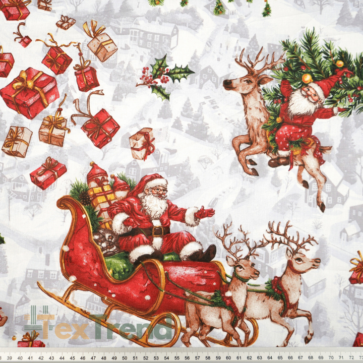 100% Baumwolle weihnachtliches Muster Nikolaus im Schlitten  