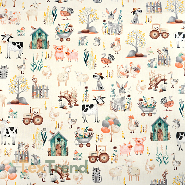 Baumwolle 100% Tierchen Bauernhof auf ecru Hintergrund  