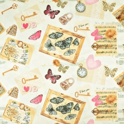 Baumwolle 100% Vintage Souvenirs mit rosa Schmetterlingen auf ecrufarbenem Hintergrund  