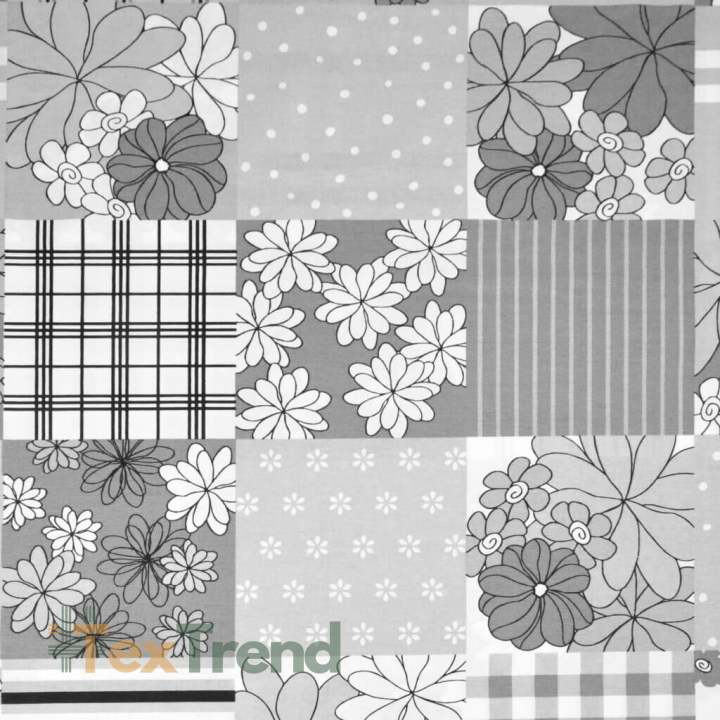 Baumwolle 100% Patchwork mit Blumen in weiß, grau und schwarz  
