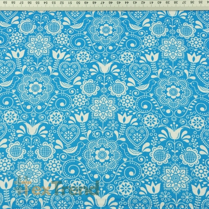 Baumwolle 100% bestickte Blumen mit Vogel weiß auf türkisfarbenem Hintergrund  