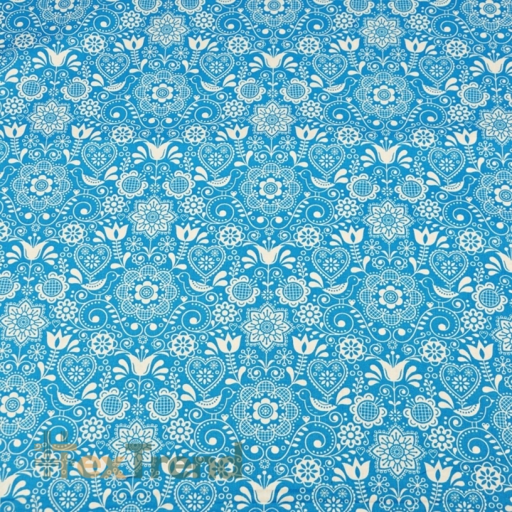 Baumwolle 100% bestickte Blumen mit Vogel weiß auf türkisfarbenem Hintergrund  