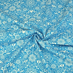 Baumwolle 100% bestickte Blumen mit Vogel weiß auf türkisfarbenem Hintergrund  