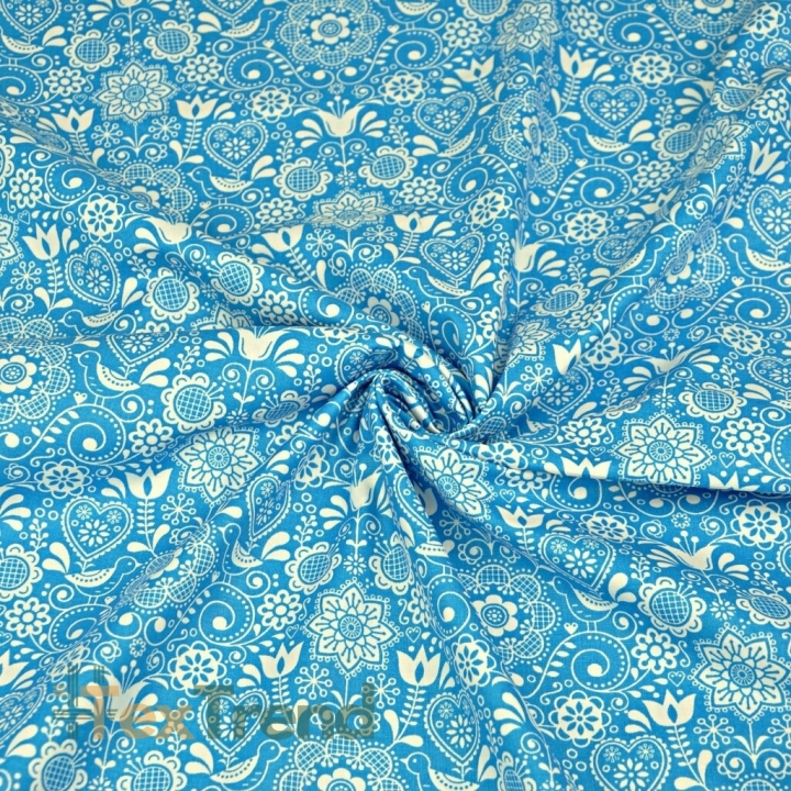 Baumwolle 100% bestickte Blumen mit Vogel weiß auf türkisfarbenem Hintergrund  