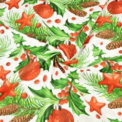 Baumwolle 100% Weihnachtsmuster Christbaumkugeln mit Stechpalme und Tannenzapfen auf weißem Hintergrund  