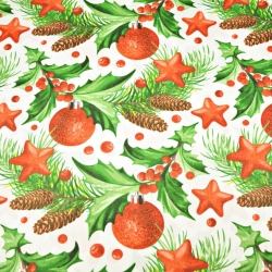 Baumwolle 100% Weihnachtsmuster Christbaumkugeln mit Stechpalme und Tannenzapfen auf weißem Hintergrund  